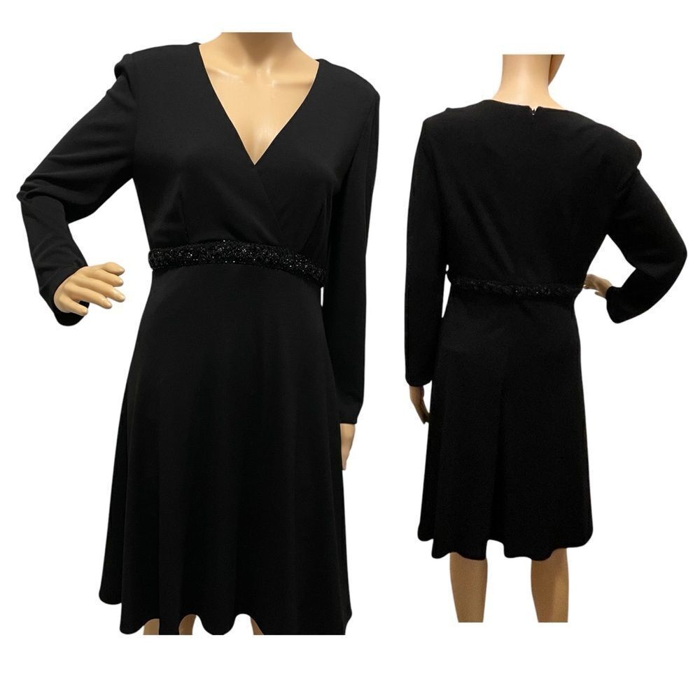 Kay Unger Faux Wrap Long Sleeve Dress With Black Crystal Gem Waist Detail Sz 12